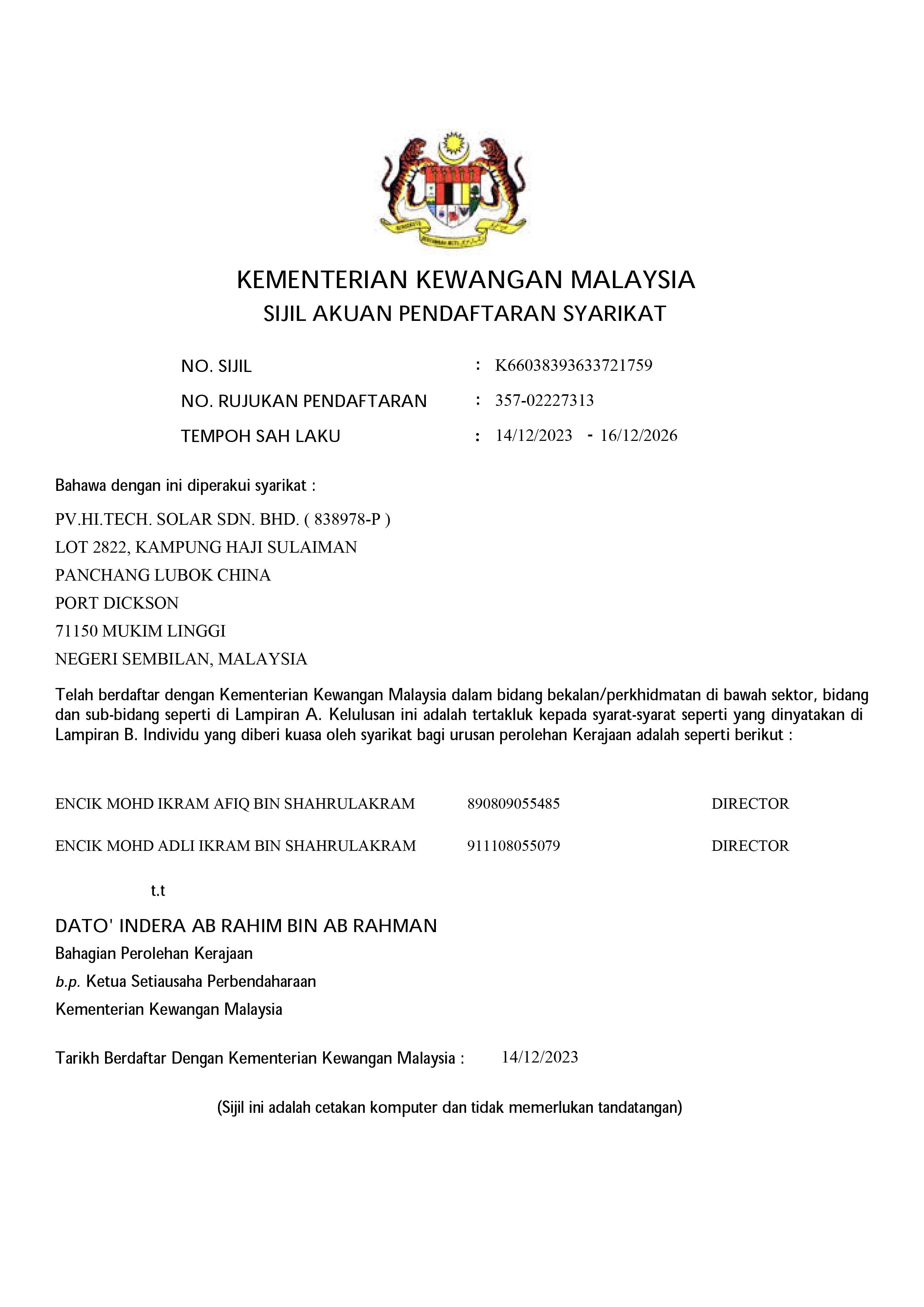 Sijil MOF Bumiputera